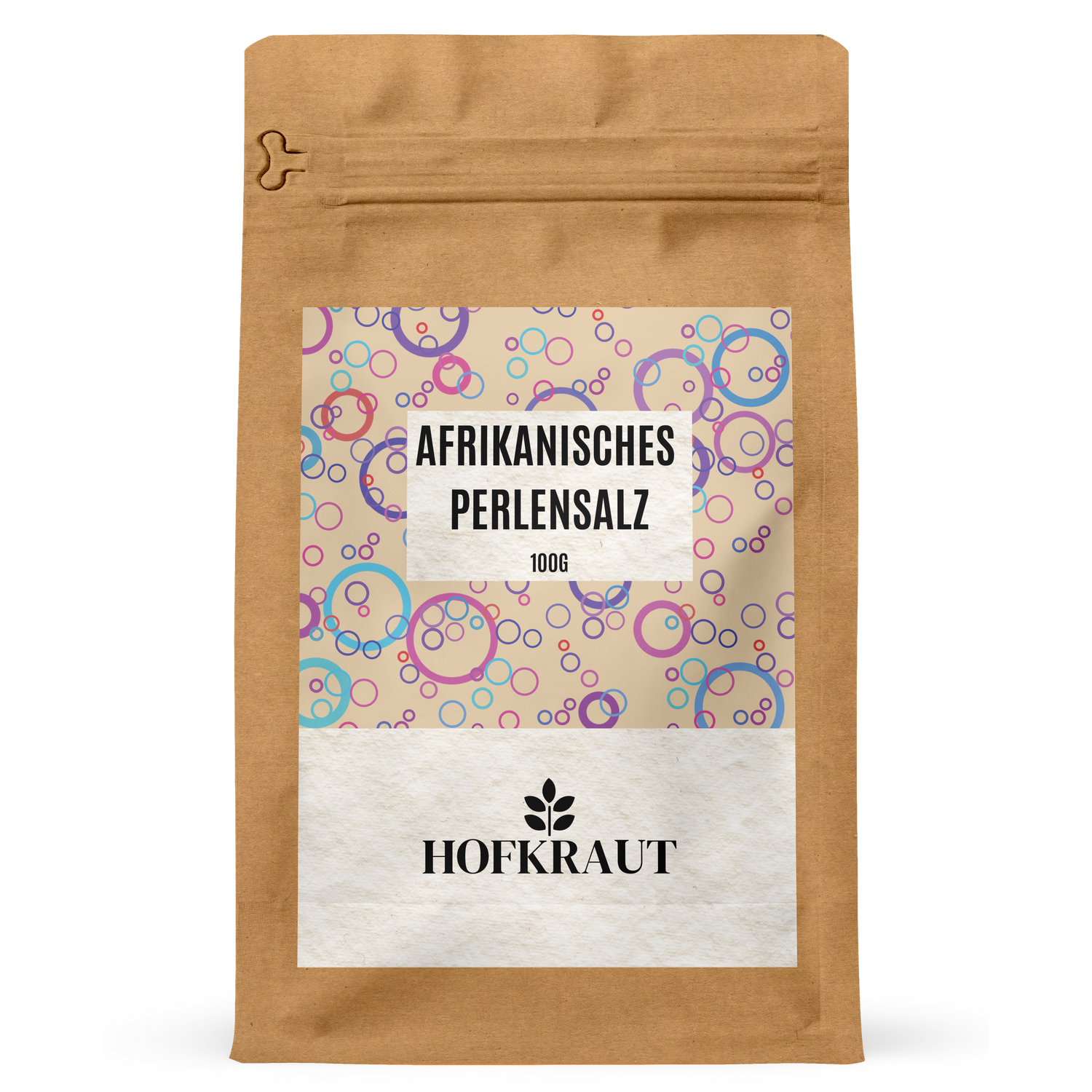 Hofkraut Afrikanisches Perlensalz 100 g im wiederverschließbaren Kraftpapier-Standbeutel.