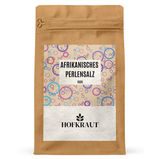 Hofkraut Afrikanisches Perlensalz 100 g im wiederverschließbaren Kraftpapier-Standbeutel.