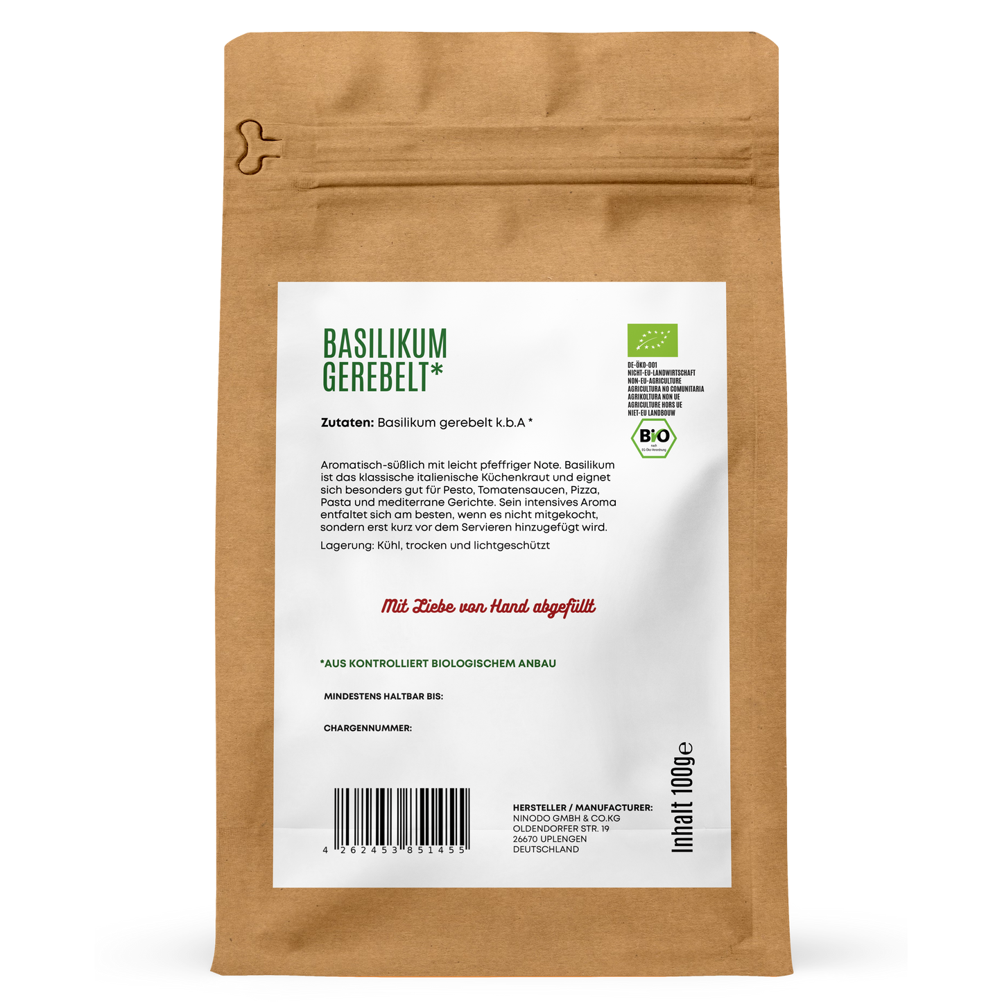 Rückseite der Hofkraut Bio Basilikum gerebelt 100g mit Zutaten und Produktinformationen