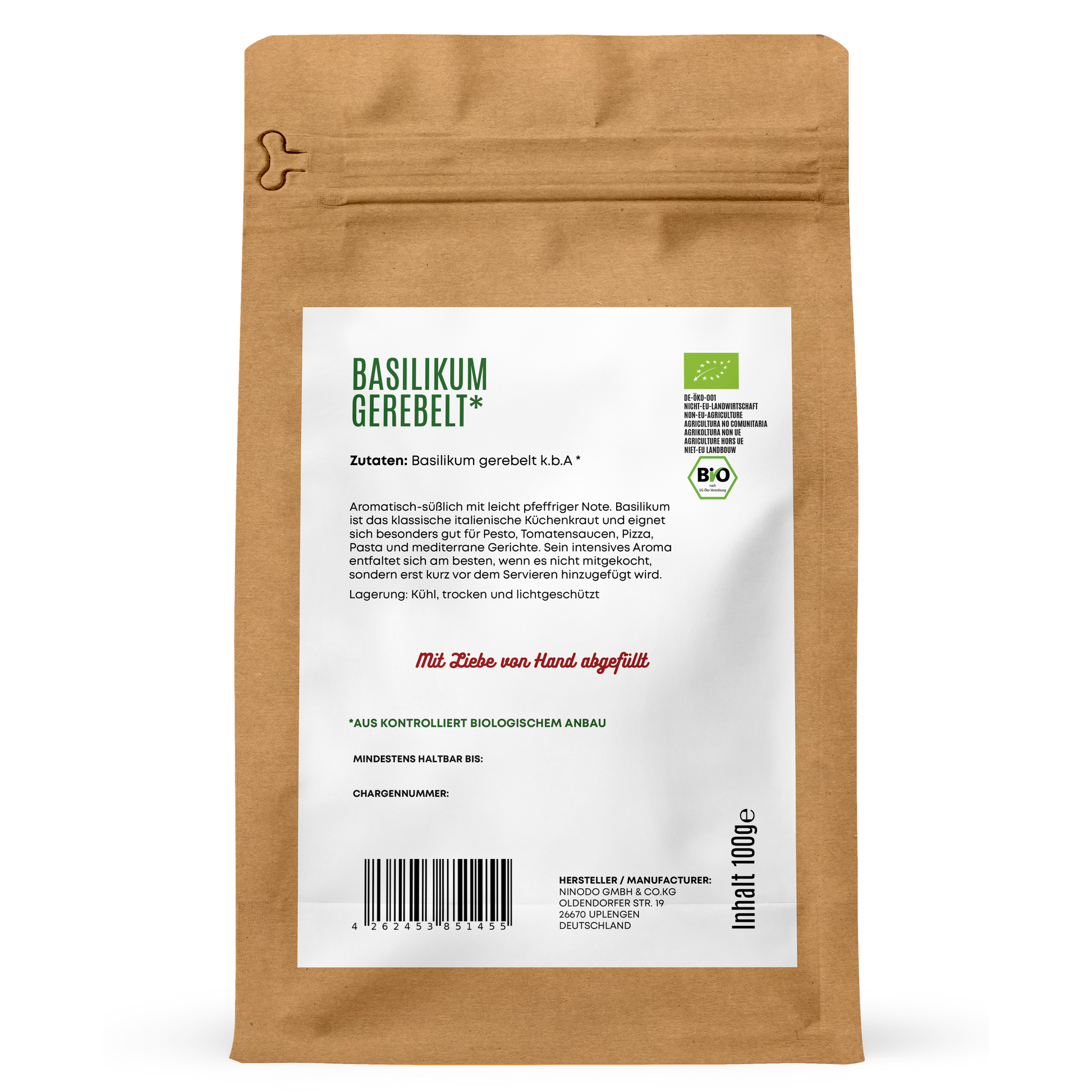 Rückseite der Hofkraut Bio Basilikum gerebelt 100g mit Zutaten und Produktinformationen