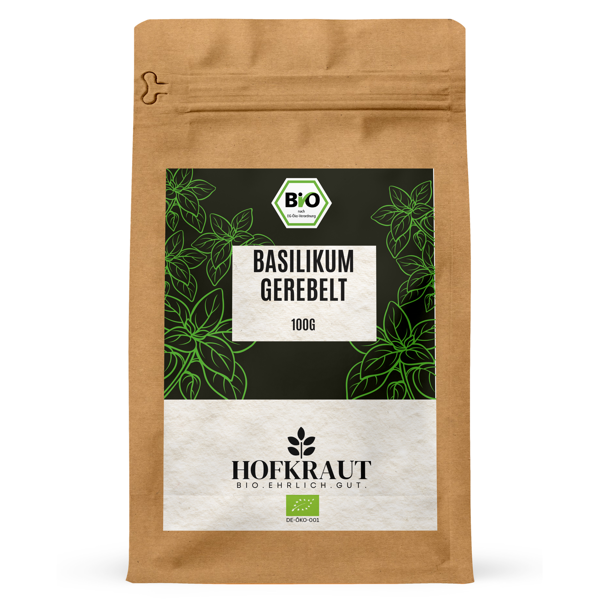 Hofkraut Bio Basilikum gerebelt 100g in wiederverschließbarem Kraftbeutel