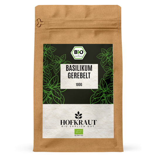 Hofkraut Bio Basilikum gerebelt 100g in wiederverschließbarem Kraftbeutel