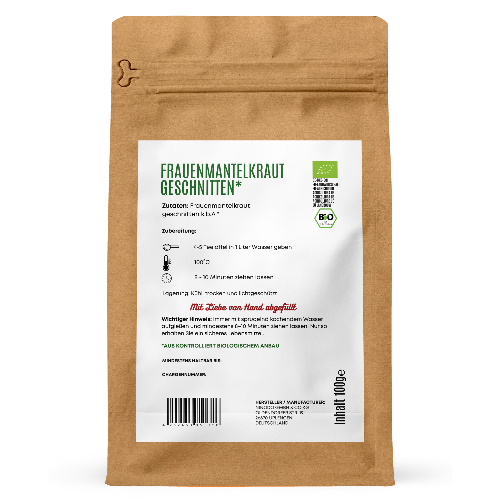 Rückseite der Hofkraut Bio Frauenmantelkraut geschnitten 100g mit Zutaten, Zubereitung und Produktinformationen