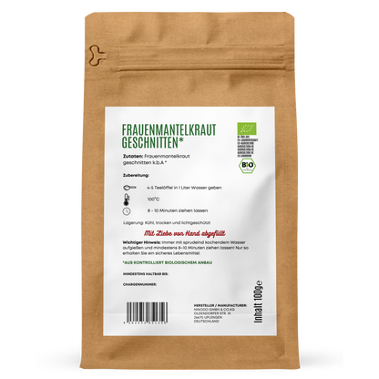 Rückseite der Hofkraut Bio Frauenmantelkraut geschnitten 100g mit Zutaten, Zubereitung und Produktinformationen