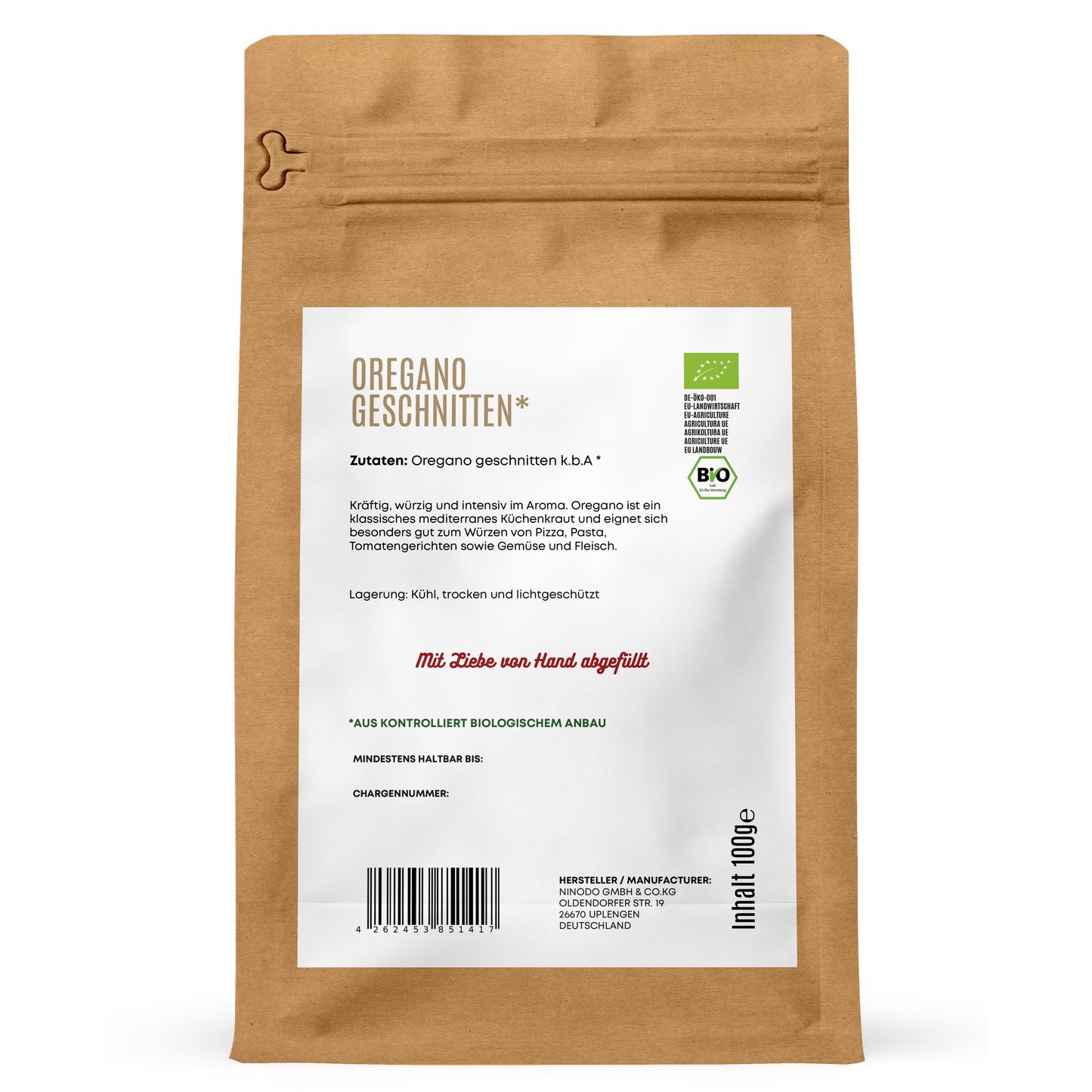 Rückseite der Hofkraut Bio Oregano geschnitten 100g mit Zutaten und Produktinformationen