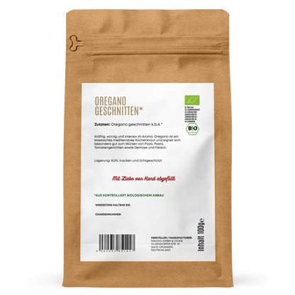 Rückseite der Hofkraut Bio Oregano geschnitten 100g mit Zutaten und Produktinformationen