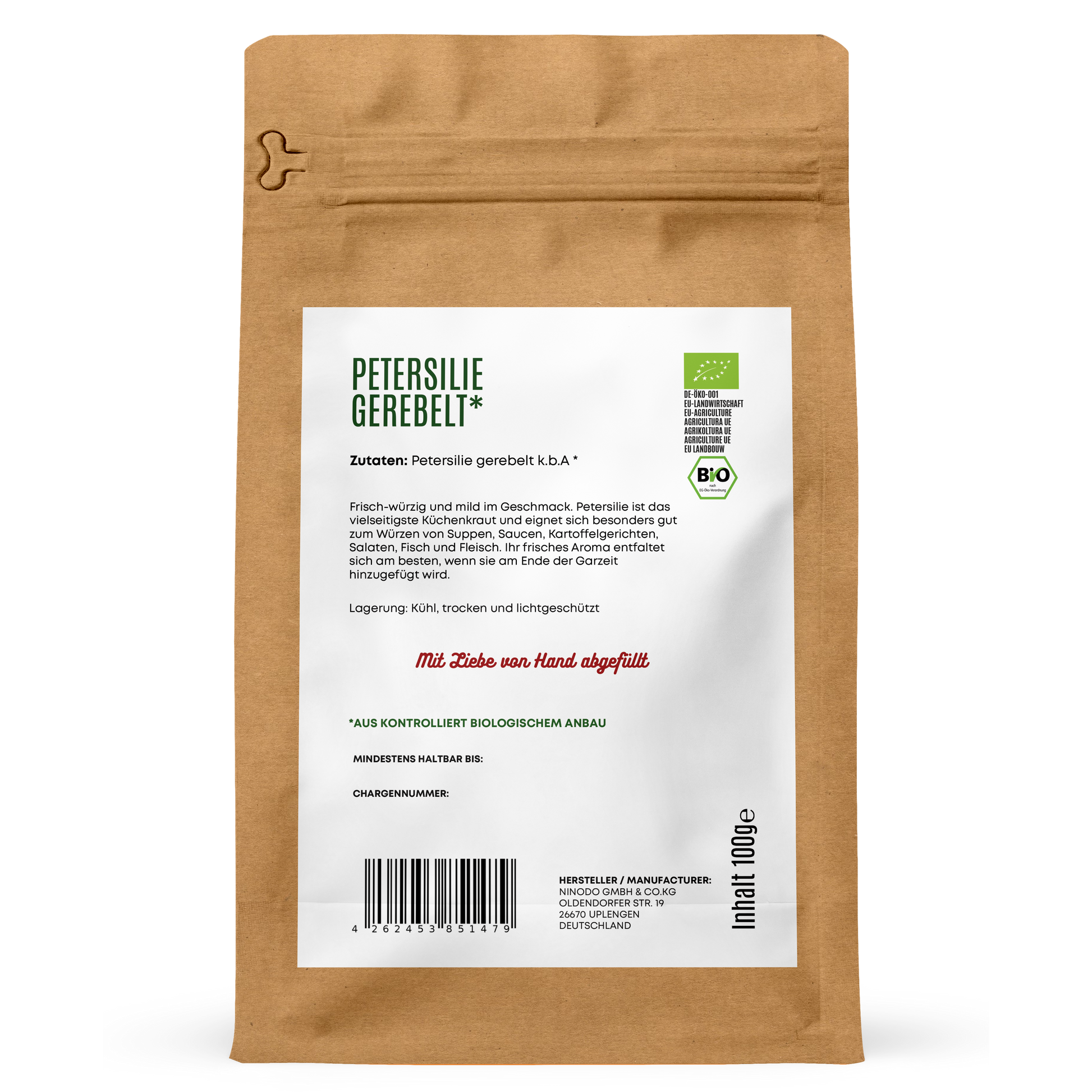 Rückseite der Hofkraut Bio Petersilie gerebelt 100g mit Zutaten und Produktinformationen