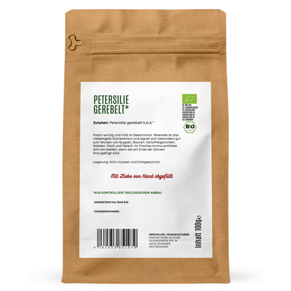 Rückseite der Hofkraut Bio Petersilie gerebelt 100g mit Zutaten und Produktinformationen