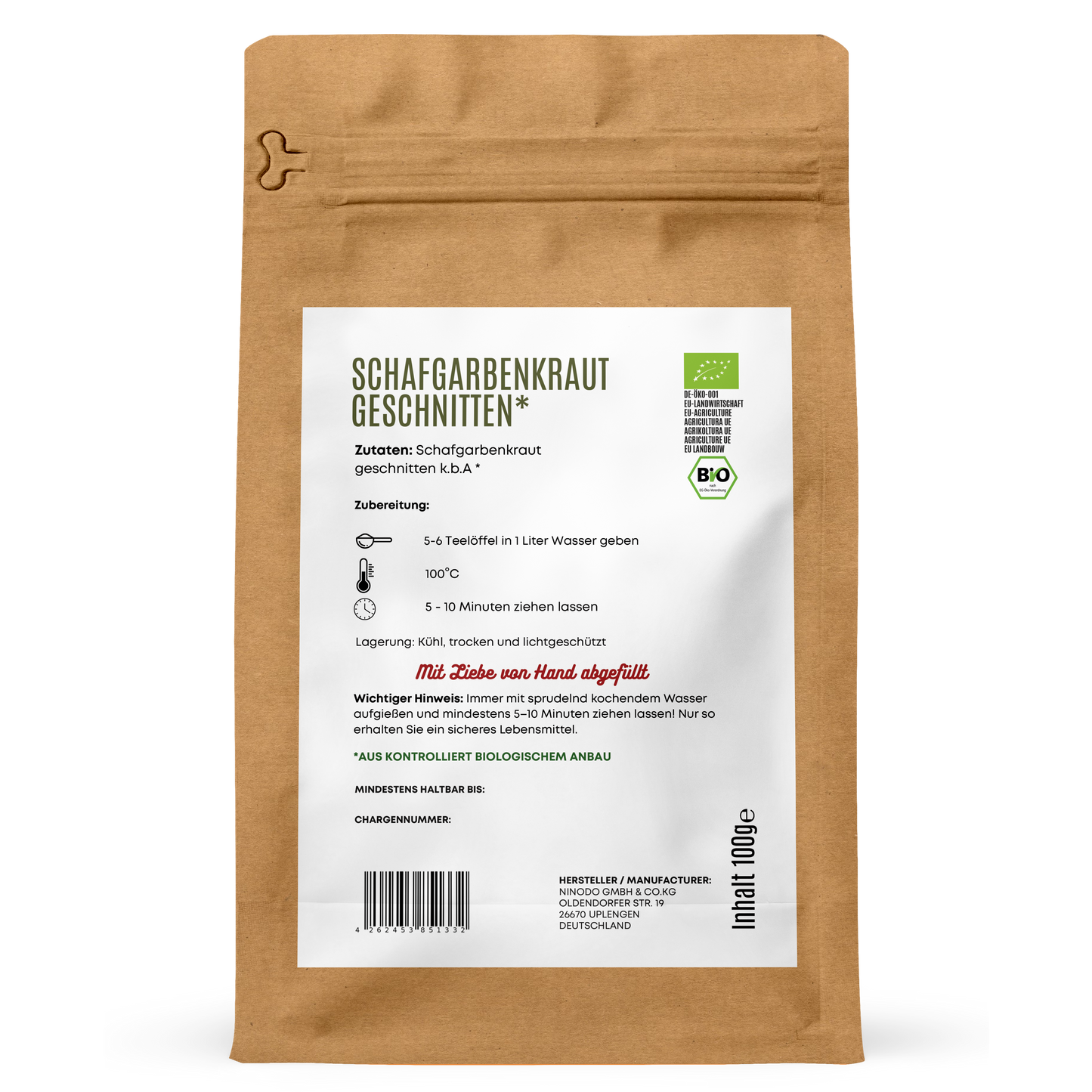 Rückseite der Hofkraut Bio Schafgarbenkraut geschnitten 100g mit Zutaten, Zubereitung und Produktinformationen