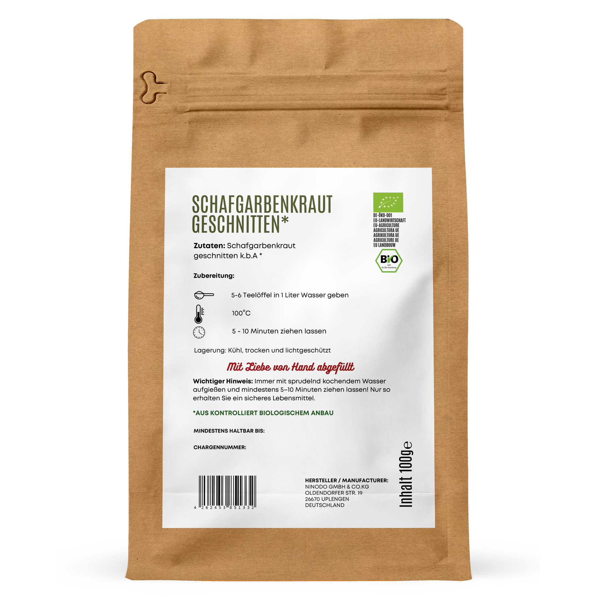 Rückseite der Hofkraut Bio Schafgarbenkraut geschnitten 100g mit Zutaten, Zubereitung und Produktinformationen