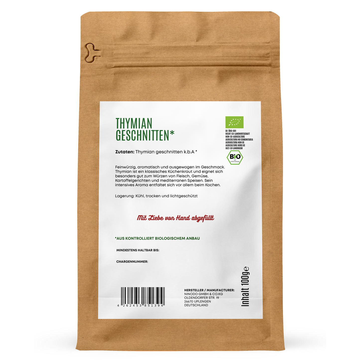 Rückseite der Hofkraut Bio Thymian geschnitten 100g mit Zutaten und Produktinformationen