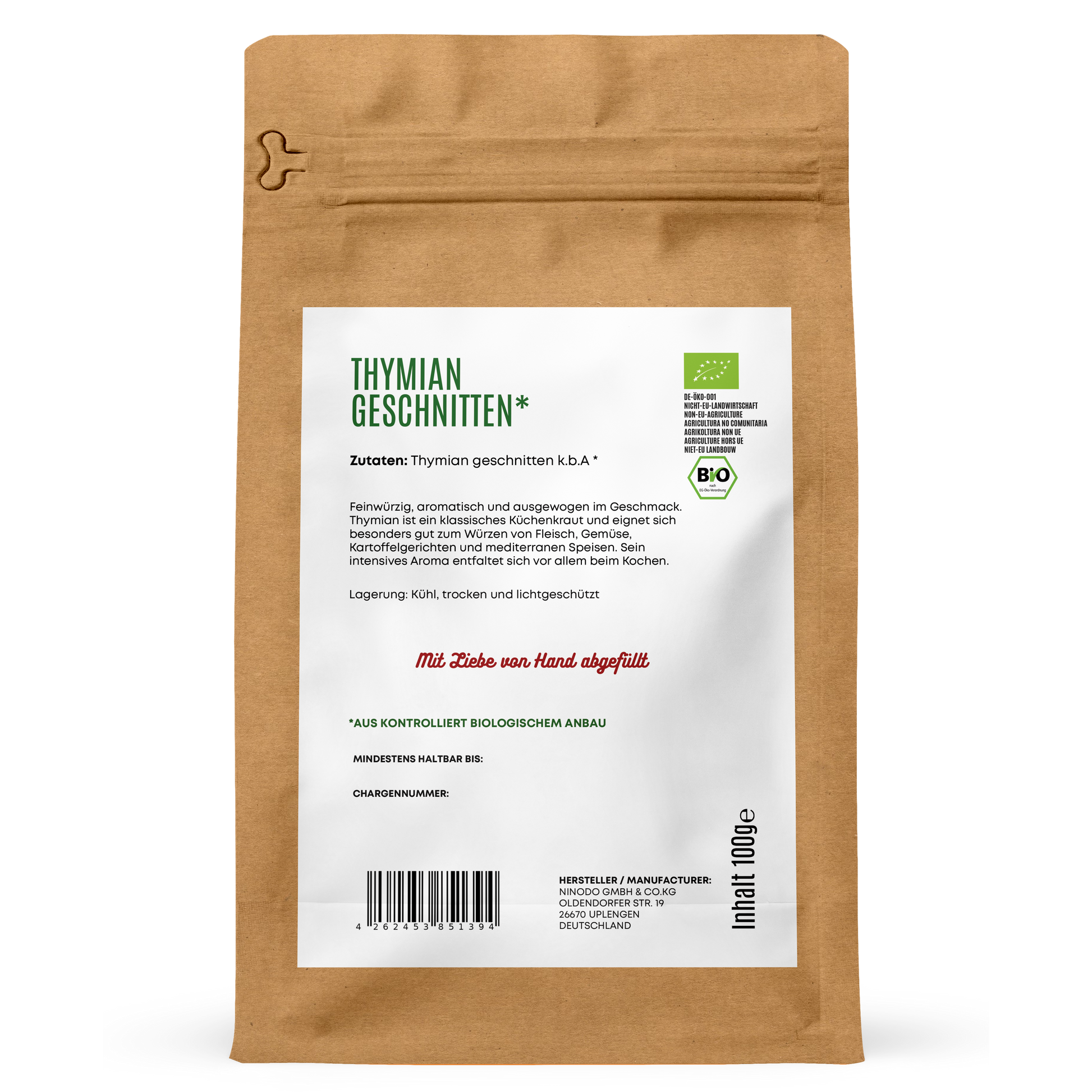 Rückseite der Hofkraut Bio Thymian geschnitten 100g mit Zutaten und Produktinformationen