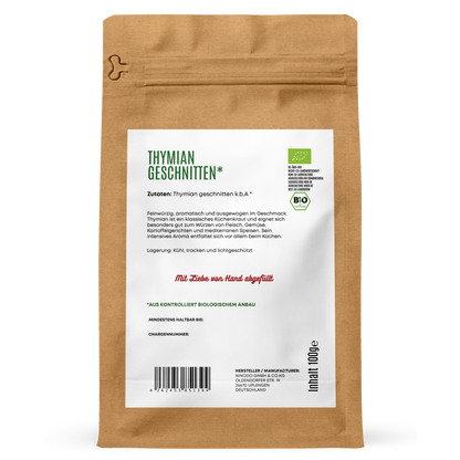 Rückseite der Hofkraut Bio Thymian geschnitten 100g mit Zutaten und Produktinformationen