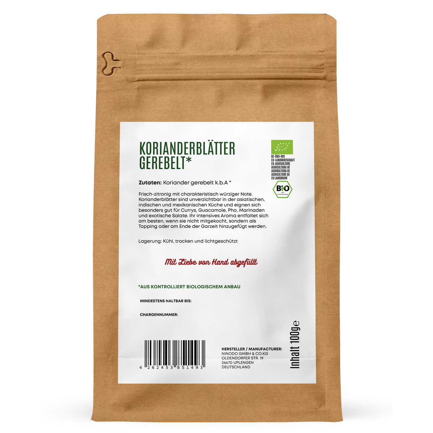 Rückseite der Hofkraut Bio Korianderblätter gerebelt 100g mit Zutaten und Produktinformationen