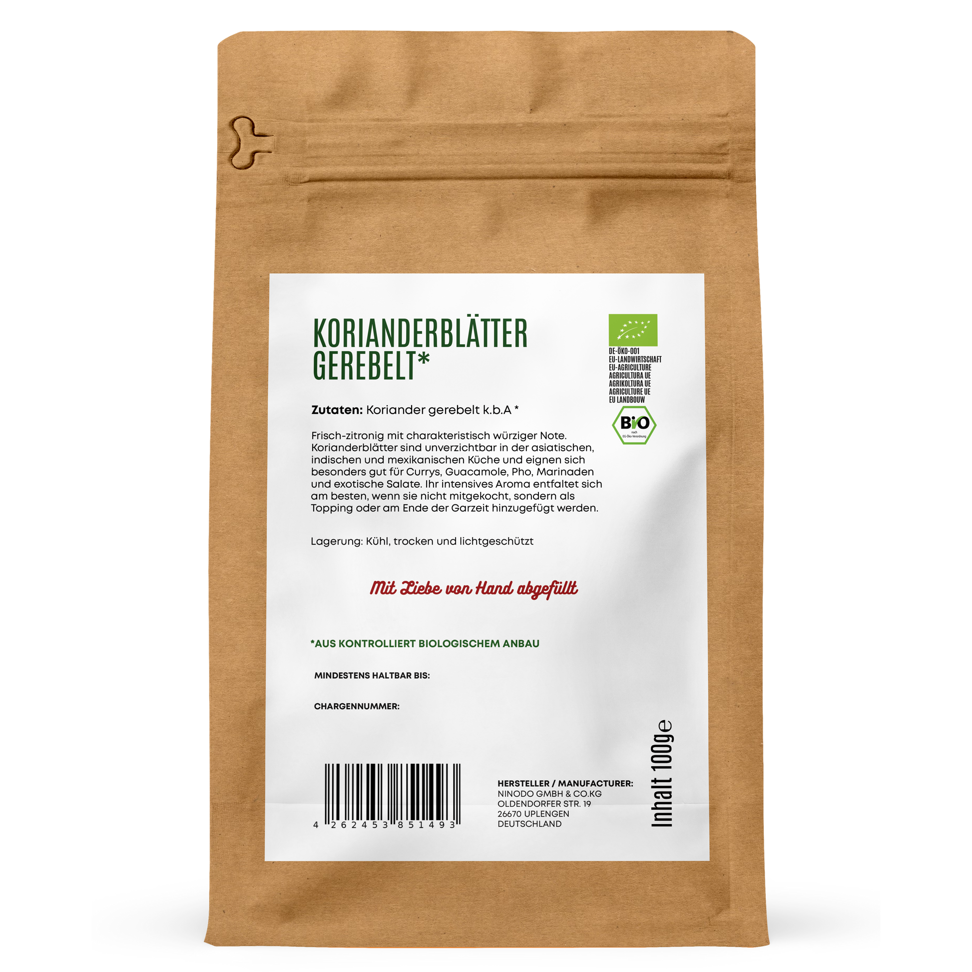 Rückseite der Hofkraut Bio Korianderblätter gerebelt 100g mit Zutaten und Produktinformationen