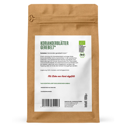 Rückseite der Hofkraut Bio Korianderblätter gerebelt 100g mit Zutaten und Produktinformationen