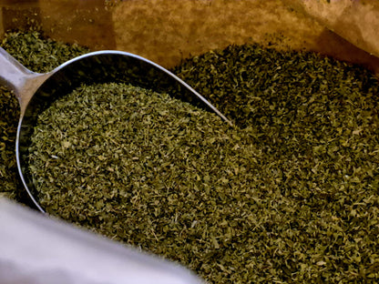 Bio Oregano geschnitten von Hofkraut mit Löffel in Nahaufnahme