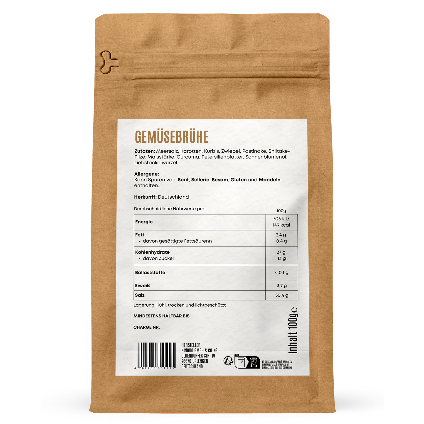 Rückseite der Hofkraut Gemüsebrühe 100g mit Zutaten und Nährwertangaben