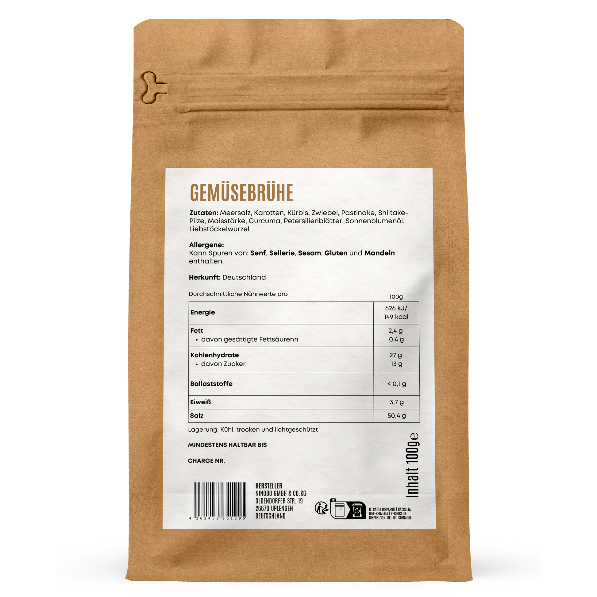 Rückseite der Hofkraut Gemüsebrühe 100g mit Zutaten und Nährwertangaben