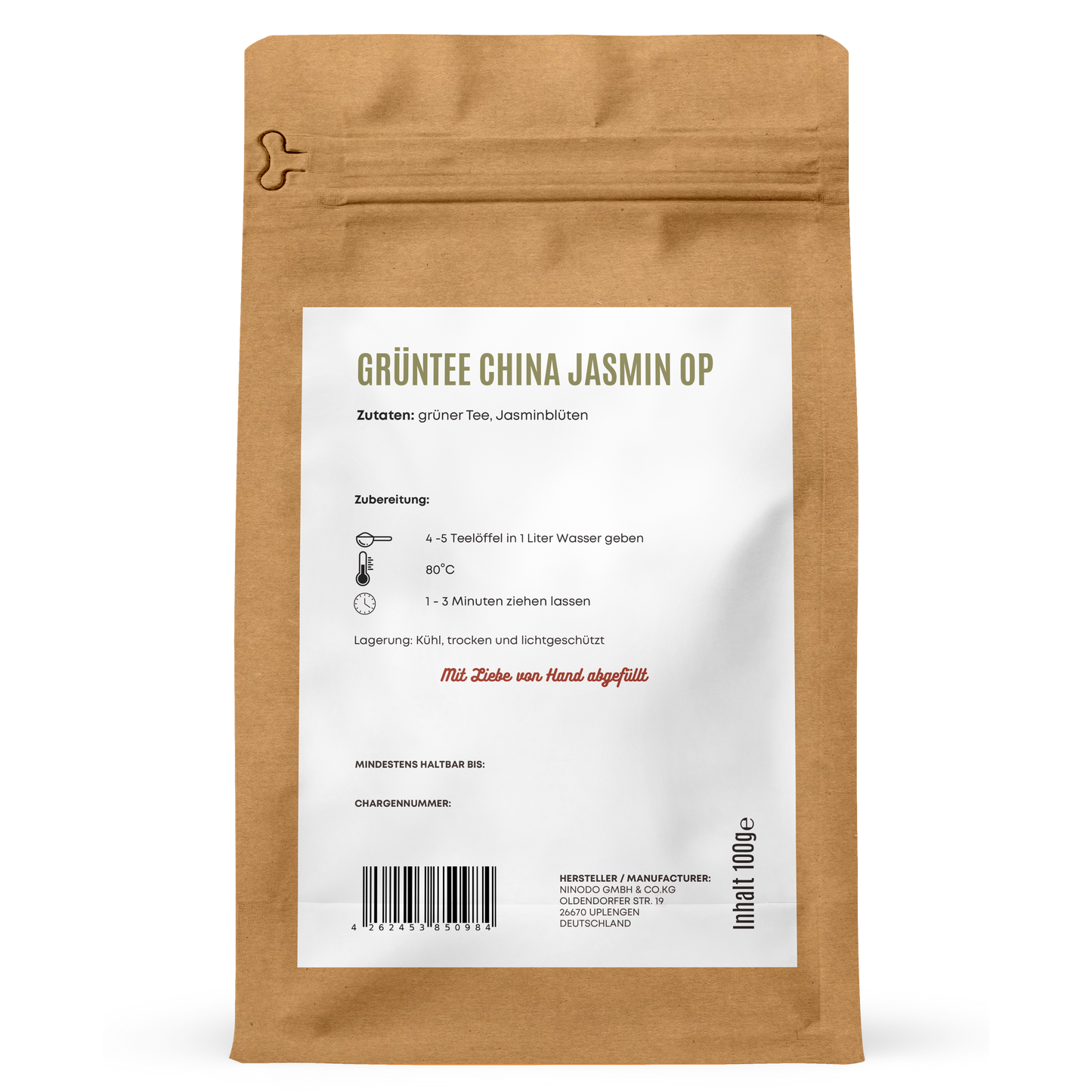 Rückseite der Hofkraut Grüntee China Jasmin OP 100g mit Zutaten, Zubereitung und Produktinformationen