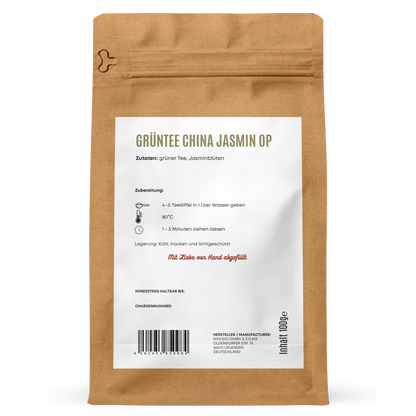 Rückseite der Hofkraut Grüntee China Jasmin OP 100g mit Zutaten, Zubereitung und Produktinformationen
