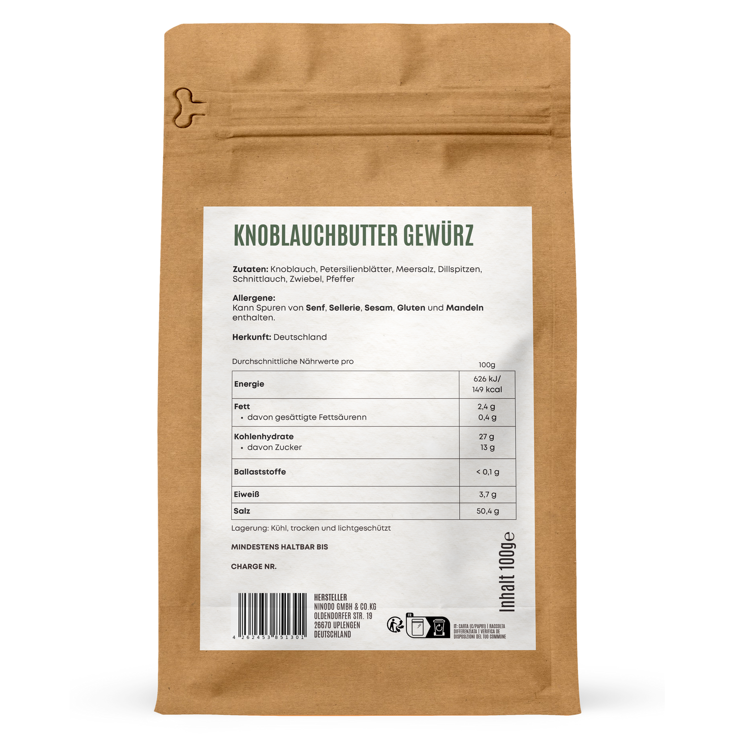 Rückseite der Hofkraut Knoblauchbutter Gewürz 100g mit Zutaten und Nährwertangaben"