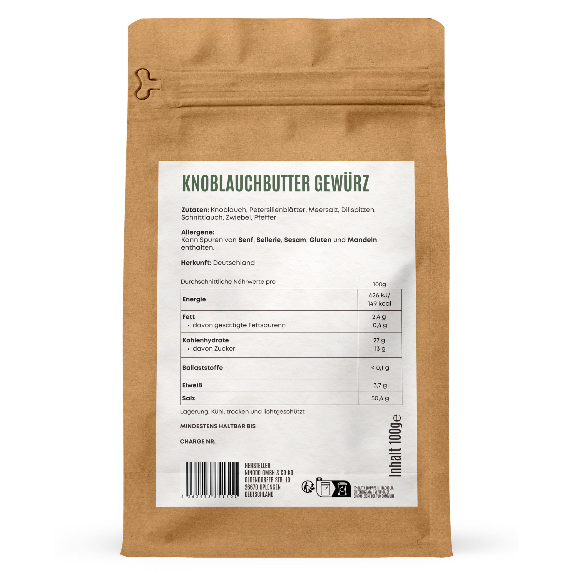 Rückseite der Hofkraut Knoblauchbutter Gewürz 100g mit Zutaten und Nährwertangaben"