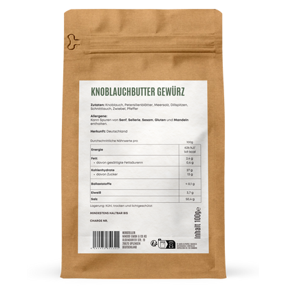 Rückseite der Hofkraut Knoblauchbutter Gewürz 100g mit Zutaten und Nährwertangaben"