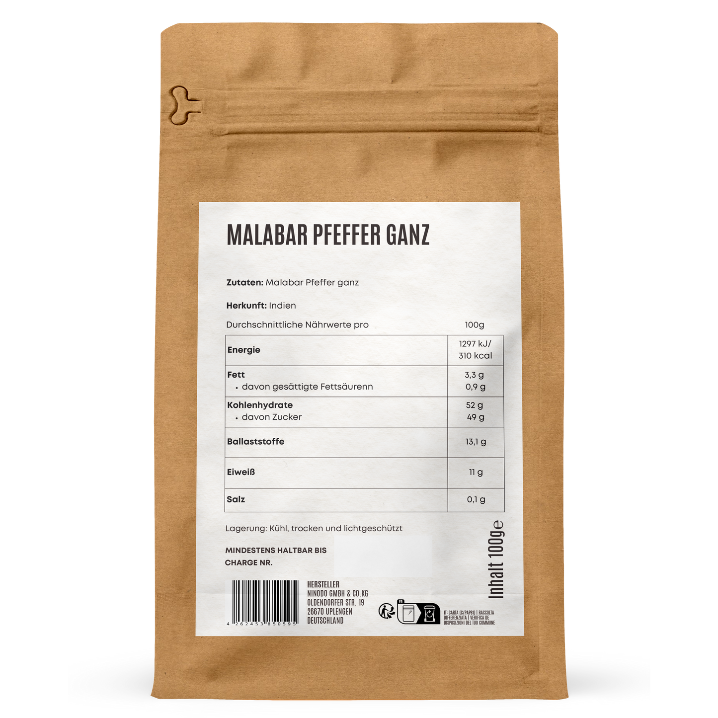 Rückseite der Hofkraut Malabar Pfeffer ganz 100g mit Zutaten und Nährwertangaben