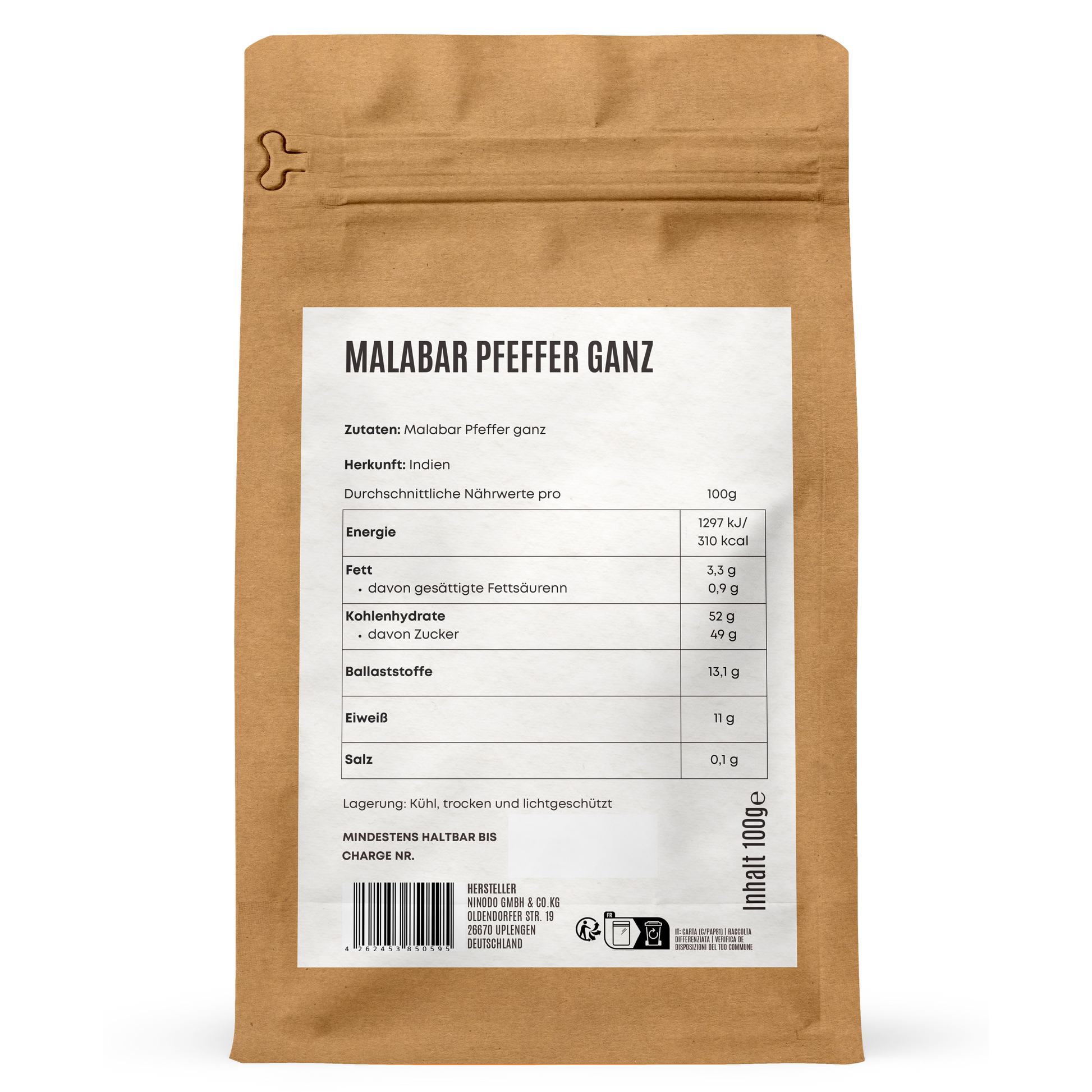 Rückseite der Hofkraut Malabar Pfeffer ganz 100g mit Zutaten und Nährwertangaben