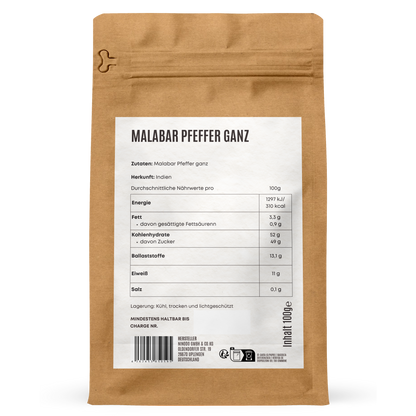 Rückseite der Hofkraut Malabar Pfeffer ganz 100g mit Zutaten und Nährwertangaben